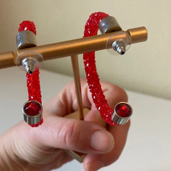 Red Crystal Textured Hoop Earrings - Picture 8 of 9